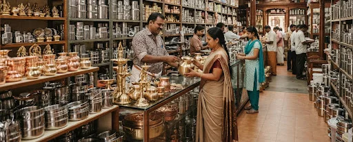 Customers and staff inside a well-stocked vessel and brassware shop
