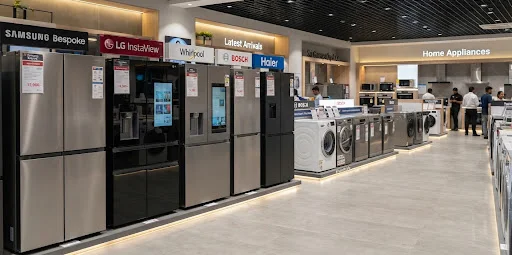 Row of refrigerators and washing machines in an appliance showroom