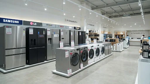 Showroom aisle with refrigerators and washing machines