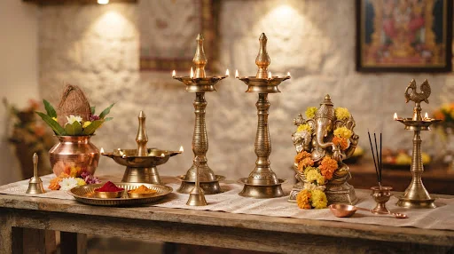 Brass lamps and pooja items