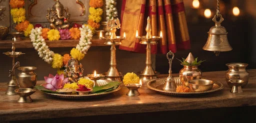 Brass lamps, bell and pooja vessels with flower garlands