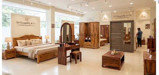 Showroom bedroom with a wooden cot, dressing table and wardrobes