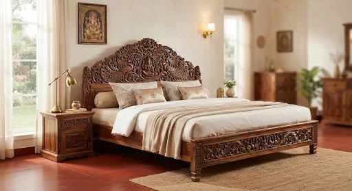 Carved wooden double cot with a bedside table