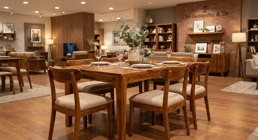 Wooden dining table with chairs in a furniture showroom