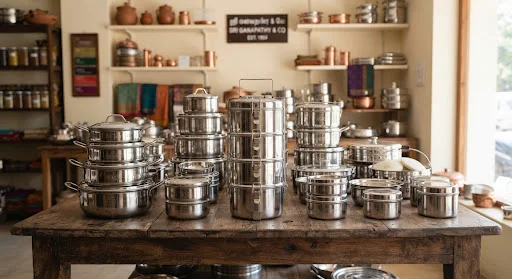 Steel vessels and cookware on a wooden table