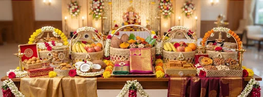 Decorated wedding gift baskets with fruits, coconuts and silk cloth