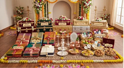 Seervarisai gift boxes, sarees and trays arranged on a decorated floor