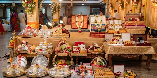 Wedding seervarisai set with gift boxes, silk sarees and brass items arranged on the floor