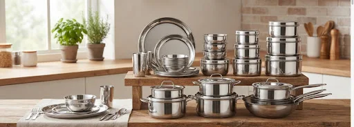 Stainless steel cookware, plates and tumblers arranged on a wooden table